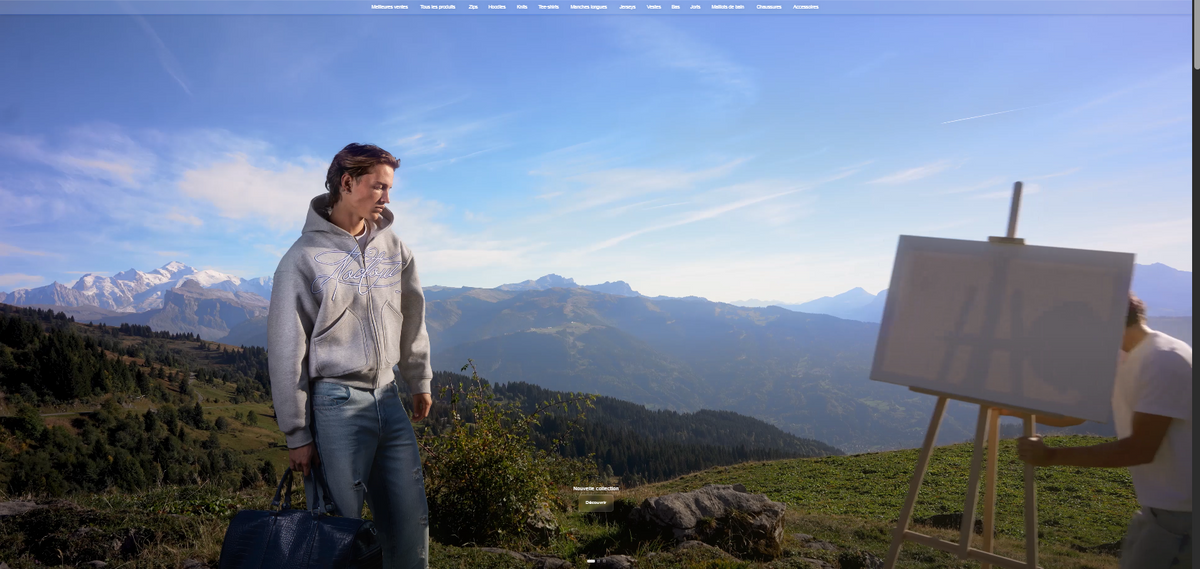 Visuel de référence temporaire : silhouette streetwear devant un paysage de montagnes.