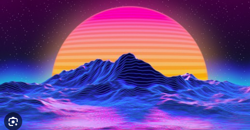 Visuel de référence temporaire : paysage violet et bleu sous un soleil rose et orangé.